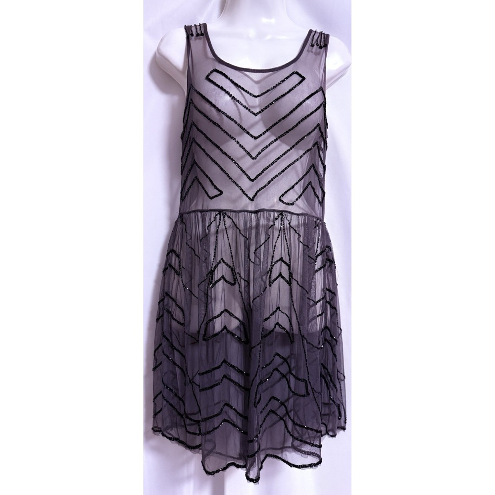 Free People Beaded Mesh Flapper Dress Gatsby Sheer Overlay Chevron  Size Small